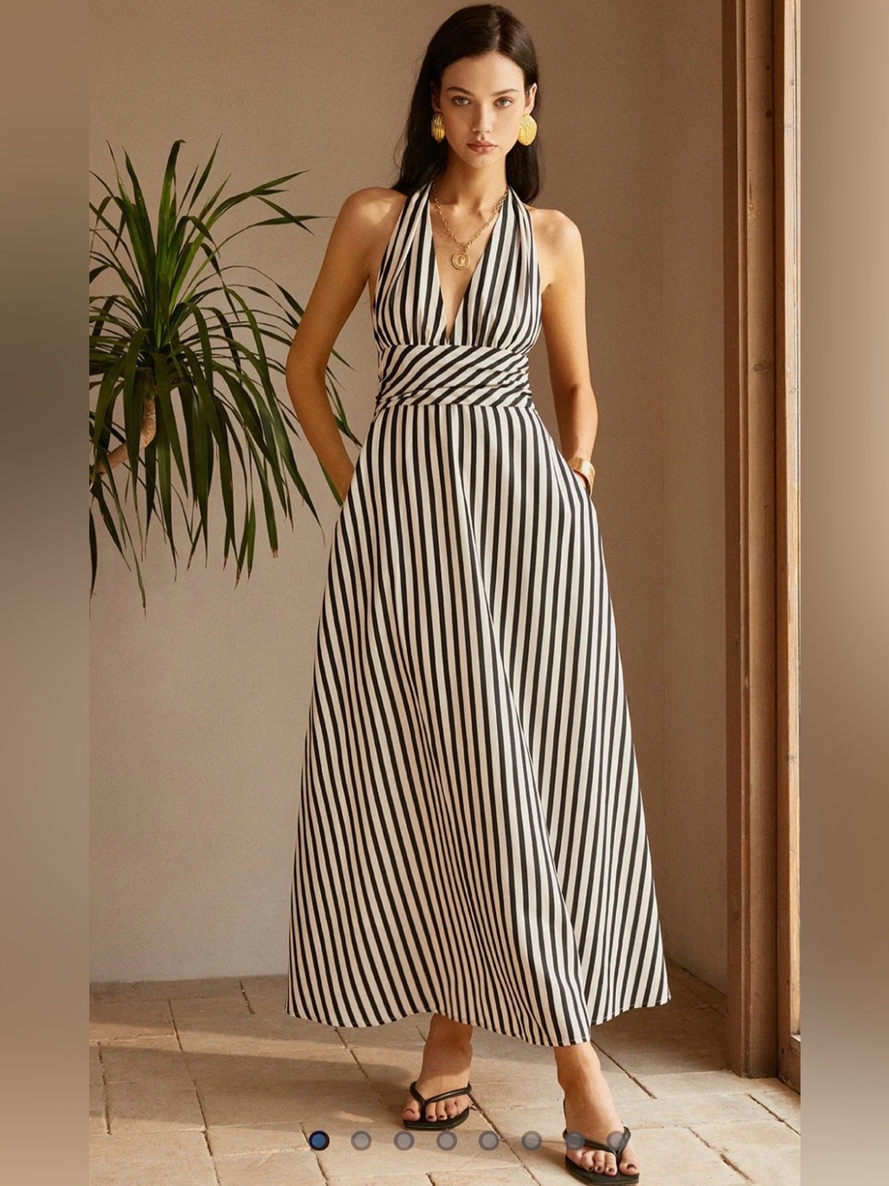 Commense Black & White Striped Halter Backless Maxi Dress